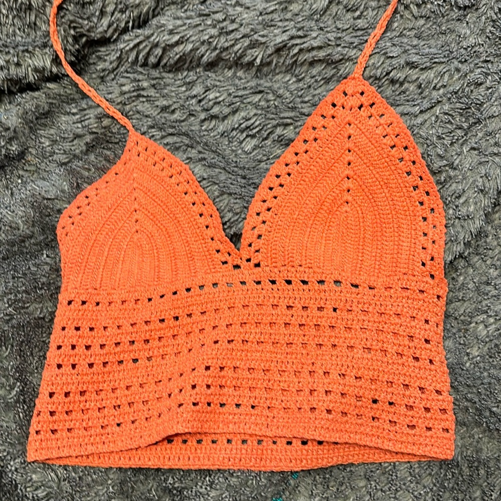 Adorable orange crocheted halter crop top from Etsy